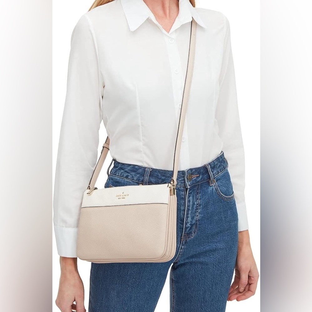 Kate Spade Leila Triple Gusset 2 Toned Pebbled Warm Beige & White Crossbody NWT